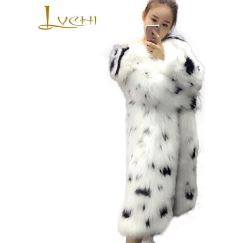 LVCHI 2019 Spring Imported White Fox Fur Coat Slim Print Black Point Fox Fur Coat Womens X-Long Turn-Down Collar Fox Fur Coats