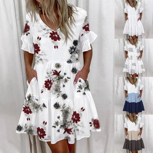 Women Summer Patchwork Dress Casual V-Neck Short Sleeve Pocket Dress 2021 Ladies Vintage Beach Party Dress Ruffles Mini Dress