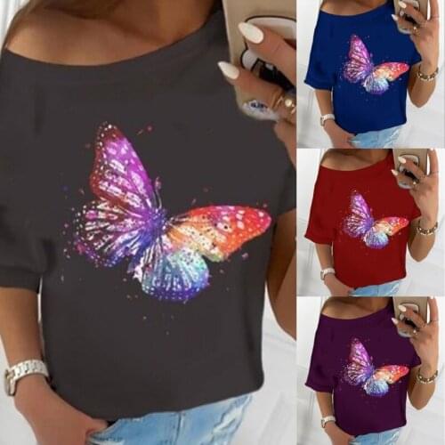 Butterfly Flowers Printing T-shirts Women Summer Clothes Tops For Girls Vogue Woman T Shirts Graphic Round Neck Camisetas Mujer