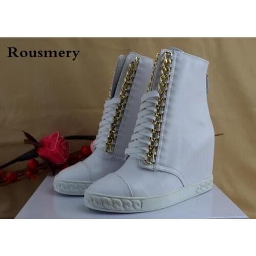 Autumn Spring Suede Women Hidden Wedge Platform Fashion Ankle Booties Lace Up Metal Chain Height Increasing Short Boots Shoes