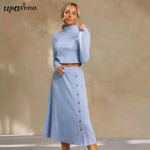 Free Shipping 2021 Women Knit Suit Elegant Stand Collar Long Sleeve Short Top & Single Breasted Midi Skirt Ladies Two Piece Set