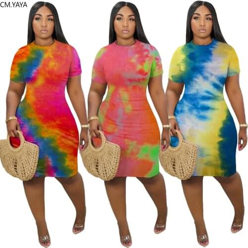 CM.YAYA Women Tie Dye Print O-neck Short Sleeve Bodycon Midi Dress Sexy Party Club Bandage Knee Length Pencil Dresses