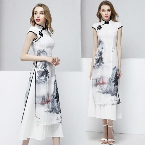 Summer Women Cheongsam Qipao Evening Dress Chinese Oriental Lmproved Chinese Ink Print Dresses Traditional Chinese Wedding Dress