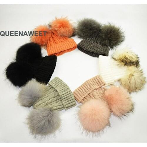 Winter Warm New Kids' Hat Girls' And Boys Hats Cap Cotton Blend With Real Raccoon Fur Balls Headwear Beanies vintage