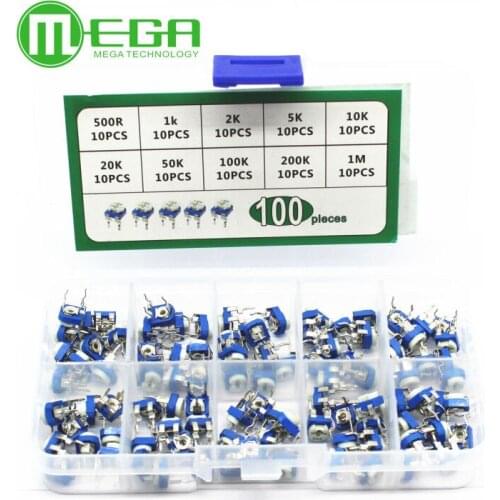 100Pcs/Box RM065 Carbon Film Horizontal Trimpot Potentiometer Assortment Kit 10 Values Variable Resistor 500R - 1M