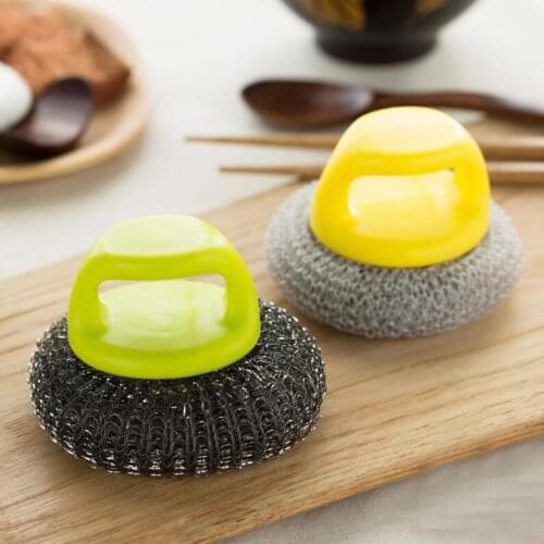 2pcs/set Colorful Steel Wire Ball Cleaning Brush with Handle Kitchen Cleaner Tool for Washing Pot Dish Pan Bowl