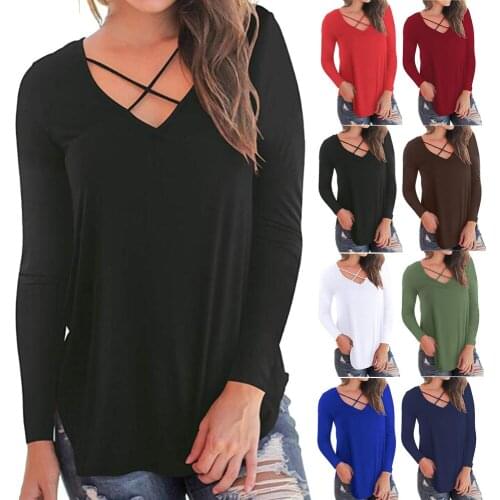 2019 spring and summer new Female T-shirt fashion chest cross V-neck short-sleeved loose T-shirt womens clothing