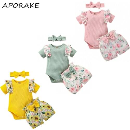 2021 0-12M Cute Baby Girl Clothes Set Ruffle Short Sleeve Knitted Romper+Bow Floral Print Shorts+Headband Summer 3pcs Set