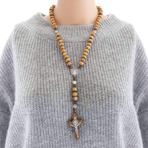 3 Styles Manual Compilation Fashion Gift Christian Cross Necklace Wooden Rosary Beads Religious Jewelry Accessories