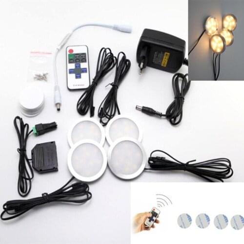 LED Under Cabinet Spotlight LED Puck Lights Downlights RF Remote Controller+Adapter Dimmable for Kitchen Furniture Lighting 4pcs