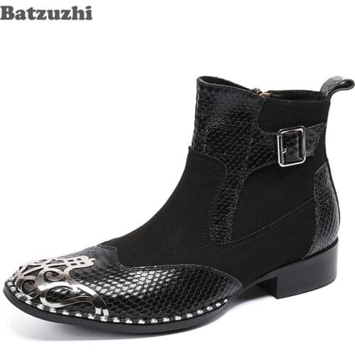 Batzuzhi Luxury Handmade Mens Shoes Pointed Metal Tip Genuine Leather Short Boots Men Black Business, Party, Motorcycle Boots