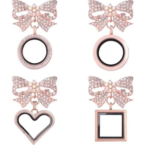 5pcs/lot Rose Golden Flower bownot Rhinestone Brooches Glass Living Memory Lockets Fit Floating Charms Women jewelry Party Gift