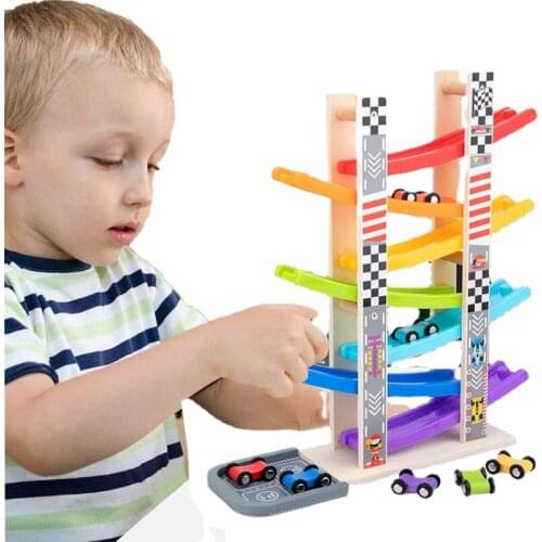 Childrens Wooden Rail Car Toy Car Ramp Racing Set Racing Track Chute Speed Car Toy Crafts Gift Suitable for Boys and Girls