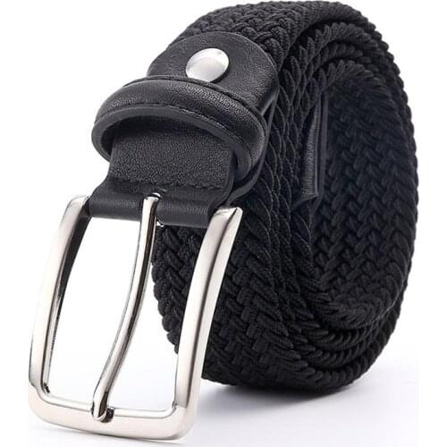 Men Woven Elastic Belt Light Weight Canvas Stretch Waist Belt Wide 3.5 CM Hardware Buckle Vintage Leather For Male