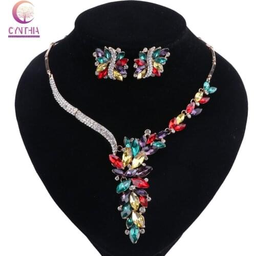 Elegant Gold Color Alloy Jewelry Set/Female Colorful Crystal Flower Necklace Jewelry With Fancy Earrings