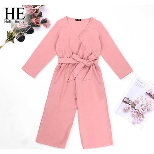 HE Hello Enjoy 4-10Y Fashion Autumn Baby Girls V-neck Pink Solid Color Long Sleeve teenage Playsuits Jumpsuit Children Clothes