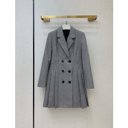 QUALITY 10.22 2021 HIGH New Houndstooth Plaid Notched Collar Blazer Fashion Embroidery Double Breasted Pleated Dress Women