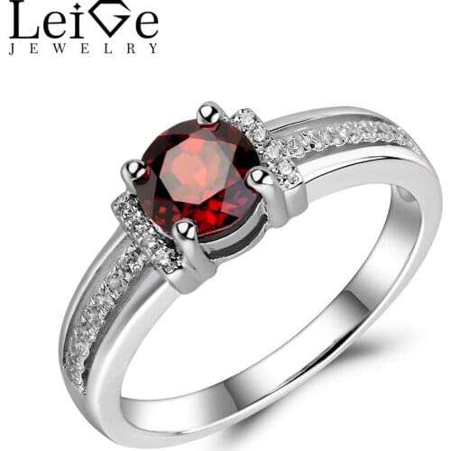 Leige Jewelry Authentic Garnet Ring Red Gemstone Wedding Engagement Rings for Women Silver 925 Jewelry Round Cut Birthday Gift