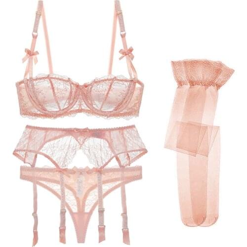 Varsmiss sexy lace see through unlined half cup underwear bra+thongs+garters+stockings 4 pcs bra set for ladies