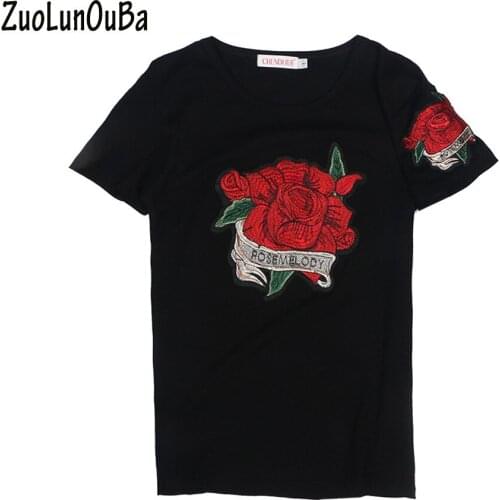 ZuoLunOuBa Summer Women Tees Tops Clothes Rose Embroidery Black Short Sleeve Plus Size Loose T Shirt