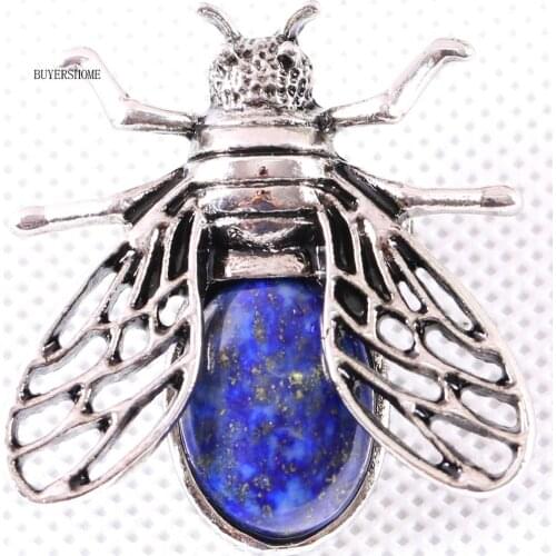 37x37MM Cicada Brooch Natural Stone Blue Lapis Bead Pendant For Men Women Jewelry Gift 1Pcs K625