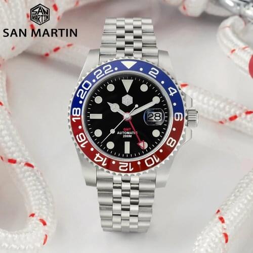 San Martin GMT Men Watch Jubilee Bracelet Bidirectional Ceramic Bezel Sapphire Cyclops Waterproof 200m BGW-9 Automatic Watch