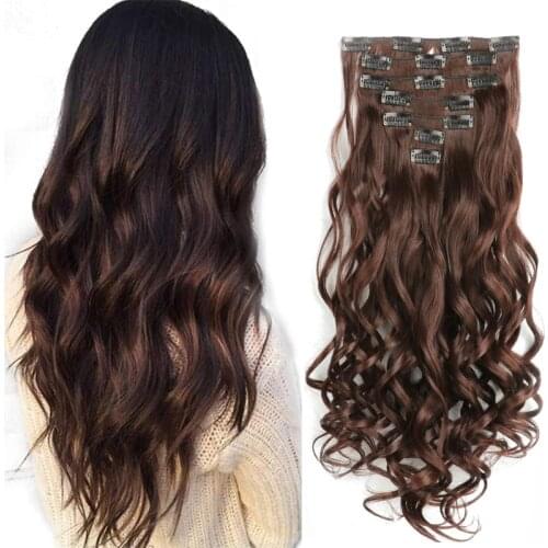 16 Clips Hairpiece Body Wave Synthetic Hair Extension Clip For Women Brown Black 613 Ombre Color 22Inches