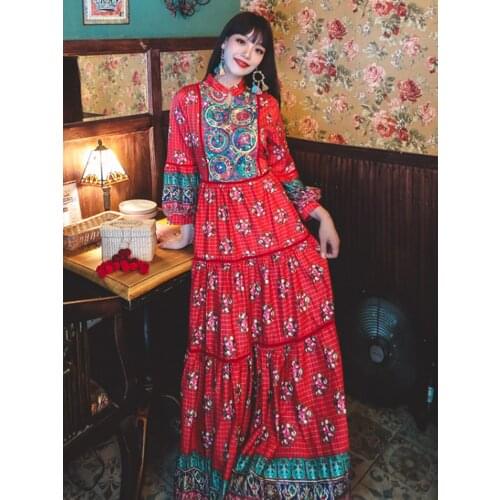 Summer New Ins Womens Retro Printed Bohemian Travel Beach Style Dress Ethnic Style Embroidered Lantern Sleeve Long Dress