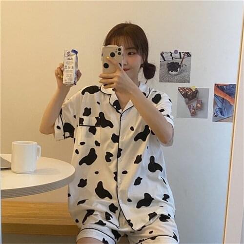 Cow Print Pajamas For Women Cute Nightwear Sleepwear Set Summer Pyjamas Girls Homewear Pijama Mujer Home Clothes Ladies Set