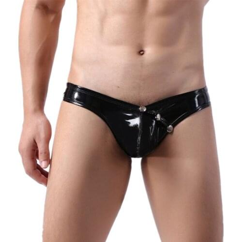 Sexy Gay Underwear Men Briefs Shorts Intimate Faux Leather Panties Solid Detachable Buckle Pouch Low Rise Underpants Cueca M-XXL