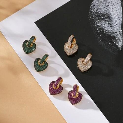 AAA Quality Luxury Full Green Purple Red Blue White Nano CZ Zircon Heart Wedding Drop Earrings For Women Fashion Jewelry