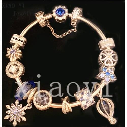 Xiaoyi 2020 new 100% S925 Rose color snowflake love Star hot air balloon lucky leaves Blue Glass Beads Bracelet