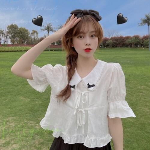 Japanese Sweet Cute Bow Summer Shirt Women Doll Collar Drawstring Flared Sleeves Blouse Tops White Female Cotton Linen Blouses