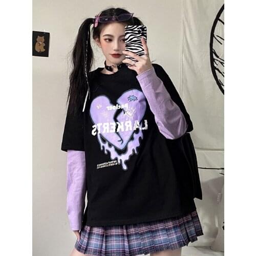Japanese Kawaii Broken Heart Purple Clothes Long-Sleeved T-Shirt For Girls Sweet Harajuku Tops Tee Gothic Women Bottoming Shirts
