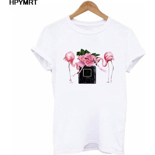 Women Clothes Flamingo Print T Shirt Flower Perfume Bottle Sweet T shirt Harajuku Female T-shirt Vogue Top Casual Woman Tee