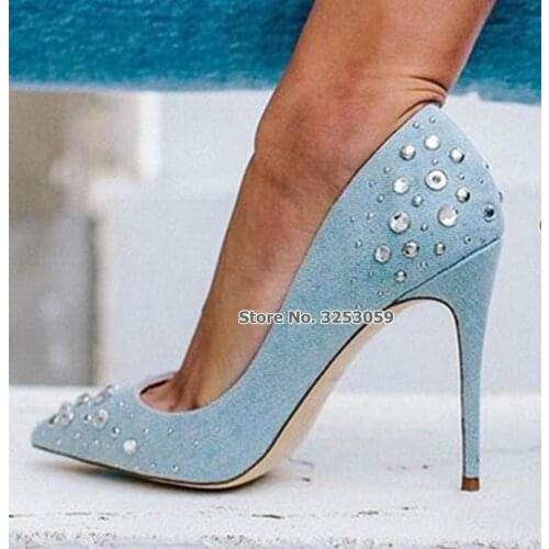 ALMUDENA Lady Light Blue Denim Bling Bling Crystal High Heel Pumps Sexy Jeans Glitter Rhinestone Decorated Dress Shoes Dropship