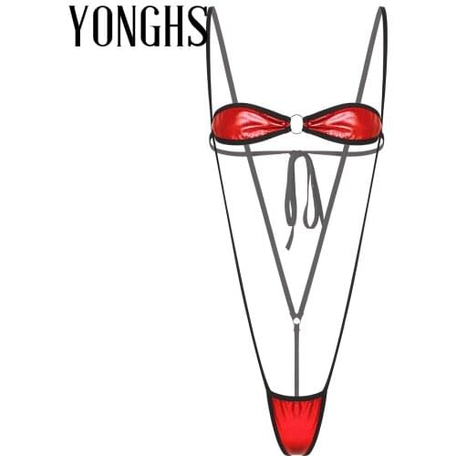 Womens Patent Leather Lingerie Suit Metallic Mini Bikini Set Sexy Swimsuit Swimwear Summer Beachwear Lace-up Bra with G-string