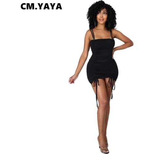 CM.YAYA Women Mini Dress Solid Sleeveless Strap Slash Neck Shirring Stretchy Bodycon Dresses Sexy Night Club Party Outfit Summer