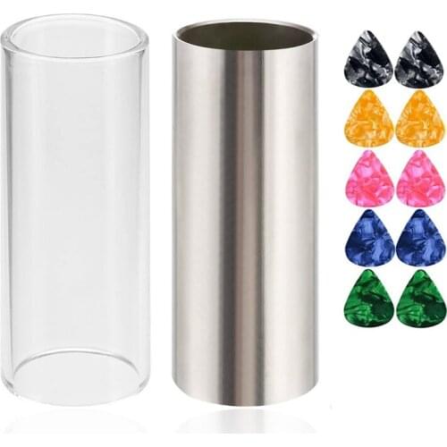 1 Set of Glass Slide and 304 Stainless Steel Slide in Box for Guitar, Bass, Medium (6 cm)