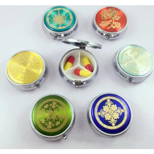 1pc Medicine Box Metal Round Flower Print Folding Pill Case Medicine Organizer Box Pill Storage Container Random Pattern