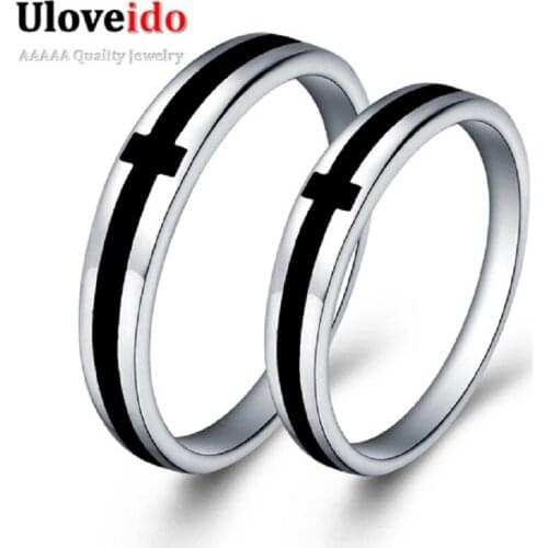 Price for a Pair Silver Color BLACK CROSS Couple Rings Lovers Ring Wedding Blessing Ring Size 4.5-10.5 Bague Uloveido J030