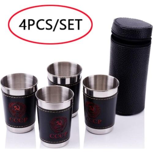 Travel Cups Outdoor Tableware Camping Cup Stainless Steel Portable Home Wine Whiskey Mugs With Black PU Leather(4Pcs/Lot 170ml)