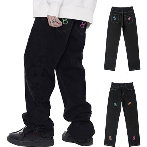 Mens Wild Trendy Jeans Number Print Mid Waist Harajuku Straight Denim Pants Daily Wear Casual Black Trousers for Spring