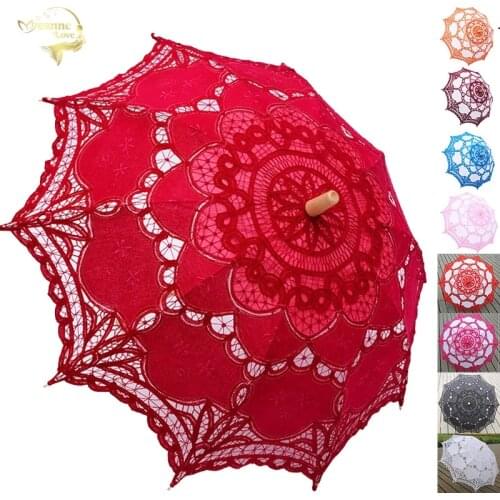 Elegant Cotton Embroidery Lace Parasol Outdoor Summer Sun Umbrella for Wedding Decoration Photograph Bridal Bridesmaid Umbrella