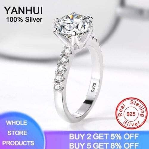 Luxury Elegant 925 Sterling Silver Wedding Rings for Women Engagement Classic Style Round Cubic Zirconia 6 Claws Fine Jewerly