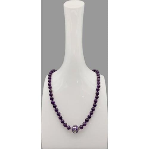 FoLisaUnique 8mm Purple Amethyst Necklace For Women Casual Choker Healing Stone 18mm Antique Silver Enamel Bead Purple Ball 18"
