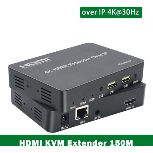 4K HDMI KVM Extender 150M Over IP KVM RJ45 Cat5E Cat6 Ethernet Cable Support USB Mouse Keyboard Extension Lossless Compression