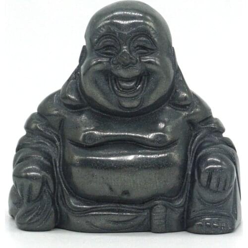 Maitreya Happy Laughing Buddha Figurine Natural Gemtone Black Hematite Carved Crystal Healing Statue Decor 1.4"