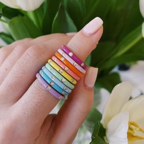 Minimalist Geometric Round Multiclolor Enamel Rings Female CZ Crystal Finger Stacking Ring Jewelry Gifts 2021 New