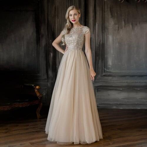 Lakshmigown Champagne Mother of the Bride Dresses 2021 Short Sleeve Tulle Embroidery Formal Evening Prom Dresses for women